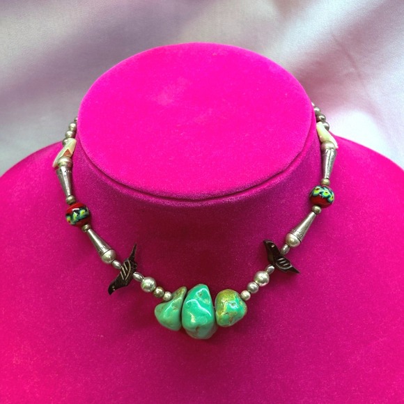 Jewelry - Turquoise Fetish Necklace Unisex 14in Green Good Bird Millefiori Bead
